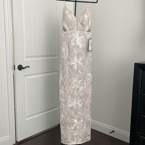 AIDAN MATTOX Ivory Maxi Formal Wedding Reception Dress Sheer Deep Plunge Sz 8